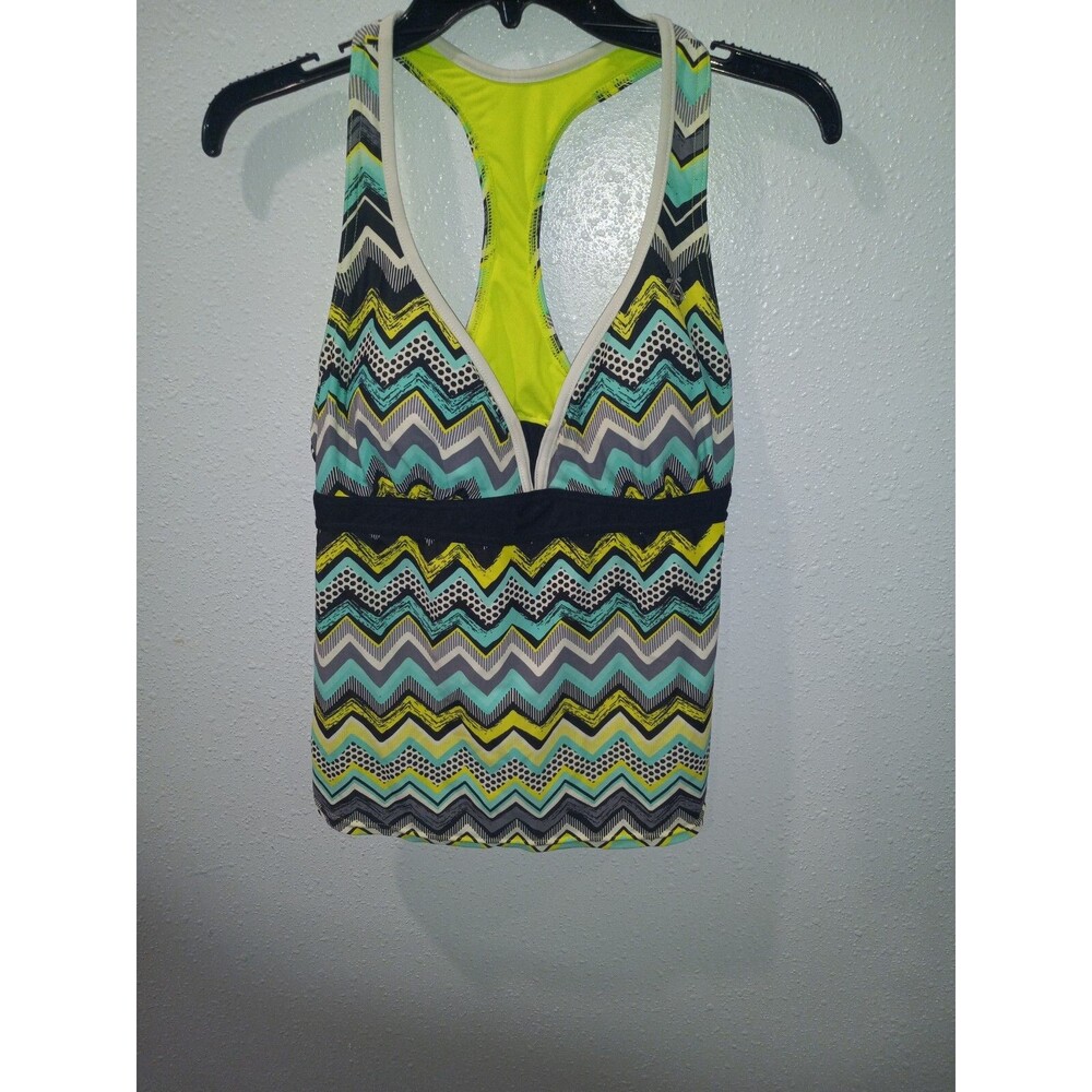 razor back swim top multi color teal yellow black zigzags large unbranded